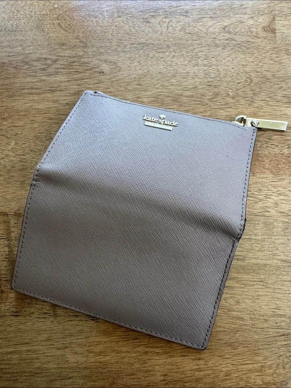 kate spade taupe brown zip card holder with gold hardware